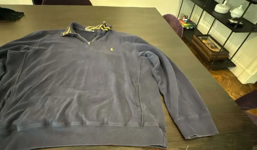 Ralph Lauren Vintage Navy Blue Quarter Zip Pullover Sweater Striped yellow Colla